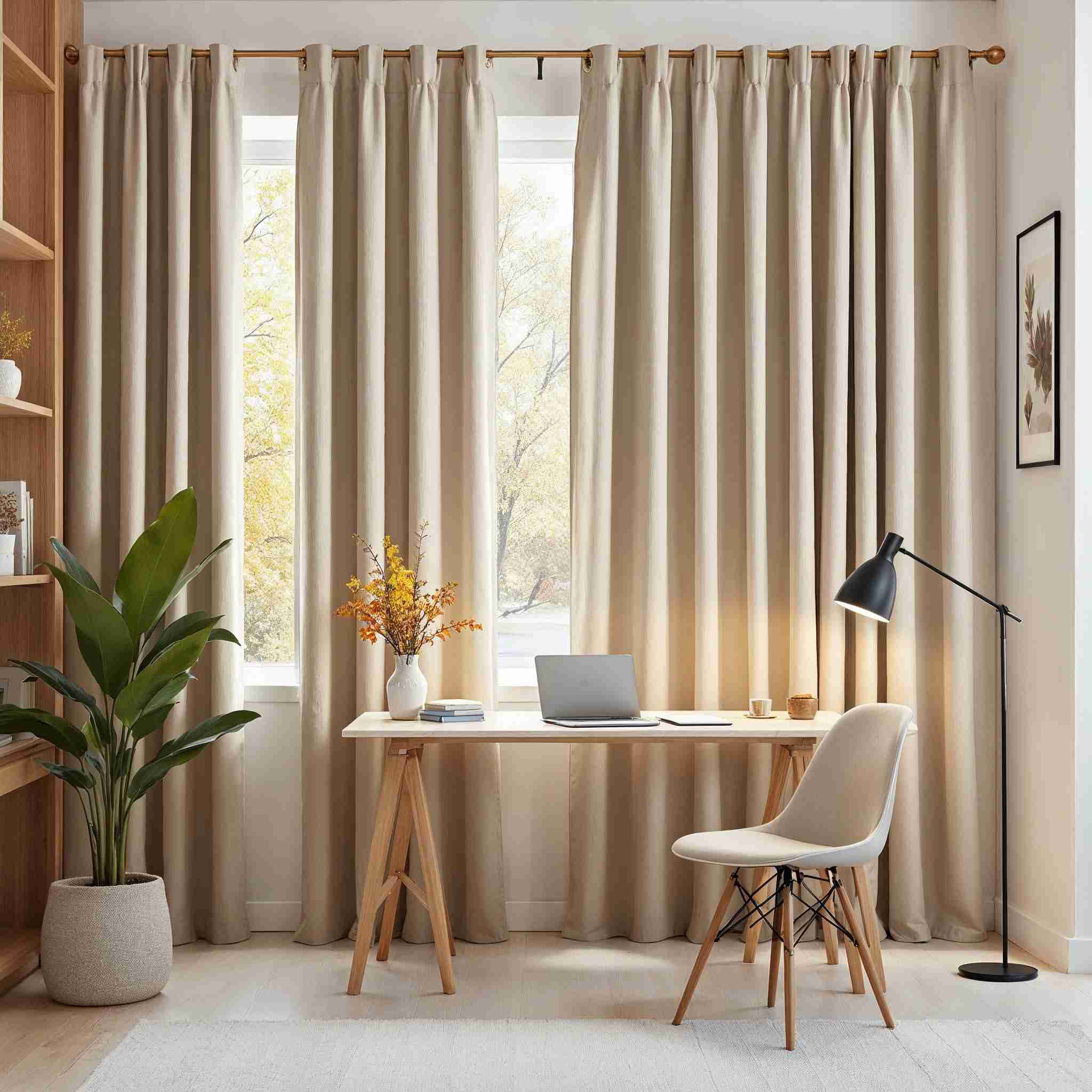 Modernes Arbeitszimmer mit stilvollen Vorhängen – Fensterdekoration für ein produktives und angenehmes Arbeitsumfeld.