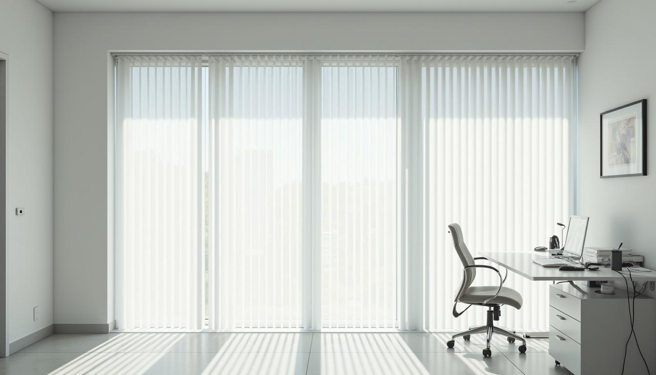 Moderne Arztpraxis mit Lamellenvorhängen – Vertikale Blinds für Lichtregulierung und Privatsphäre.