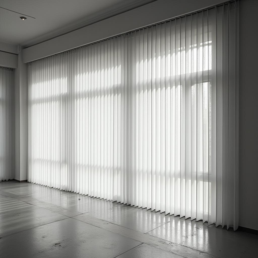 Moderne Galerie mit Lamellenvorhängen – Fensterdekoration für perfekte Lichtsteuerung und Kunstpräsentation.