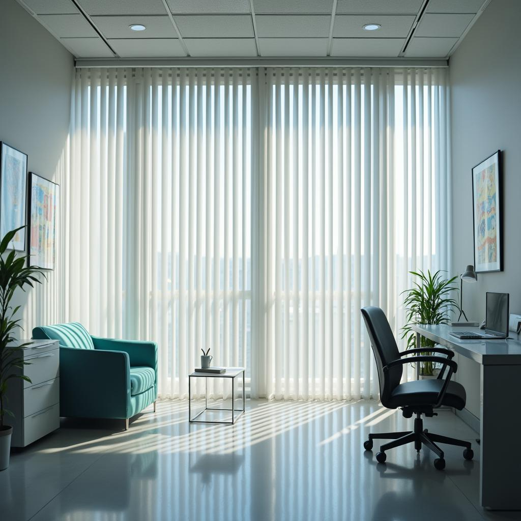 Moderne Kanzlei mit Lamellenvorhängen – Effiziente Fensterdekoration für Lichtsteuerung und Privatsphäre im Büro.