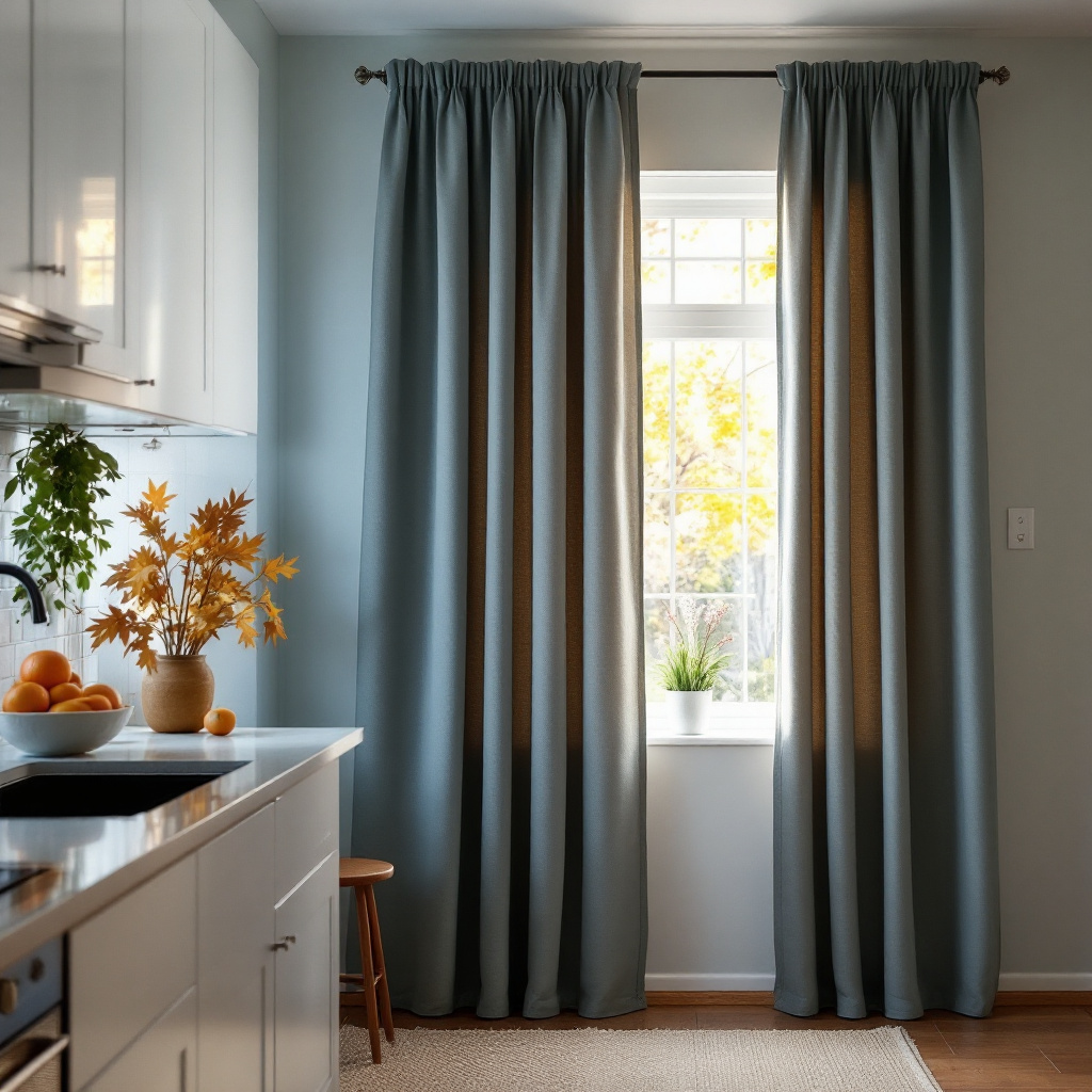 Moderne Küche mit stilvollen Vorhängen – Fensterdekoration, die Lichtschutz bietet und das Ambiente aufwertet.