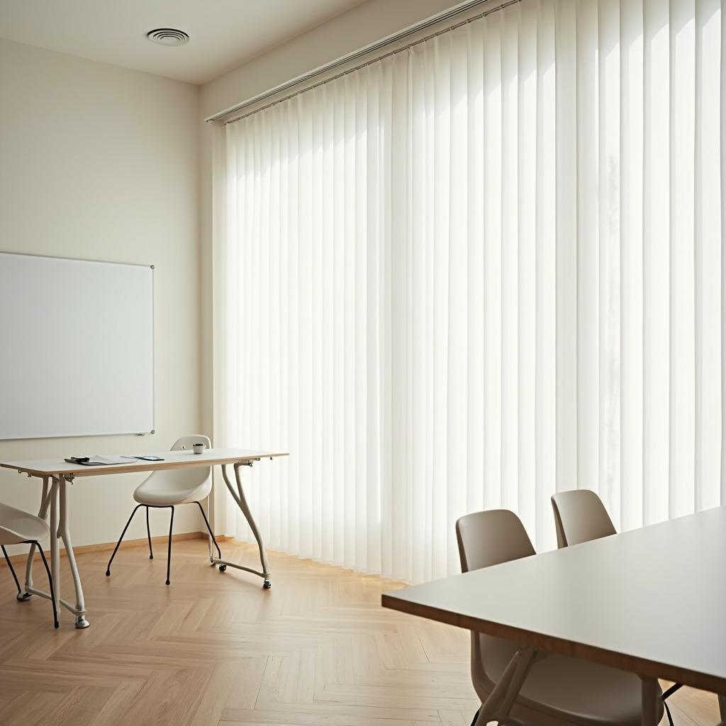 Moderne Schulungsraum mit Lamellenvorhängen – Fensterdekoration für Lichtregulierung und Privatsphäre in Trainingsräumen.