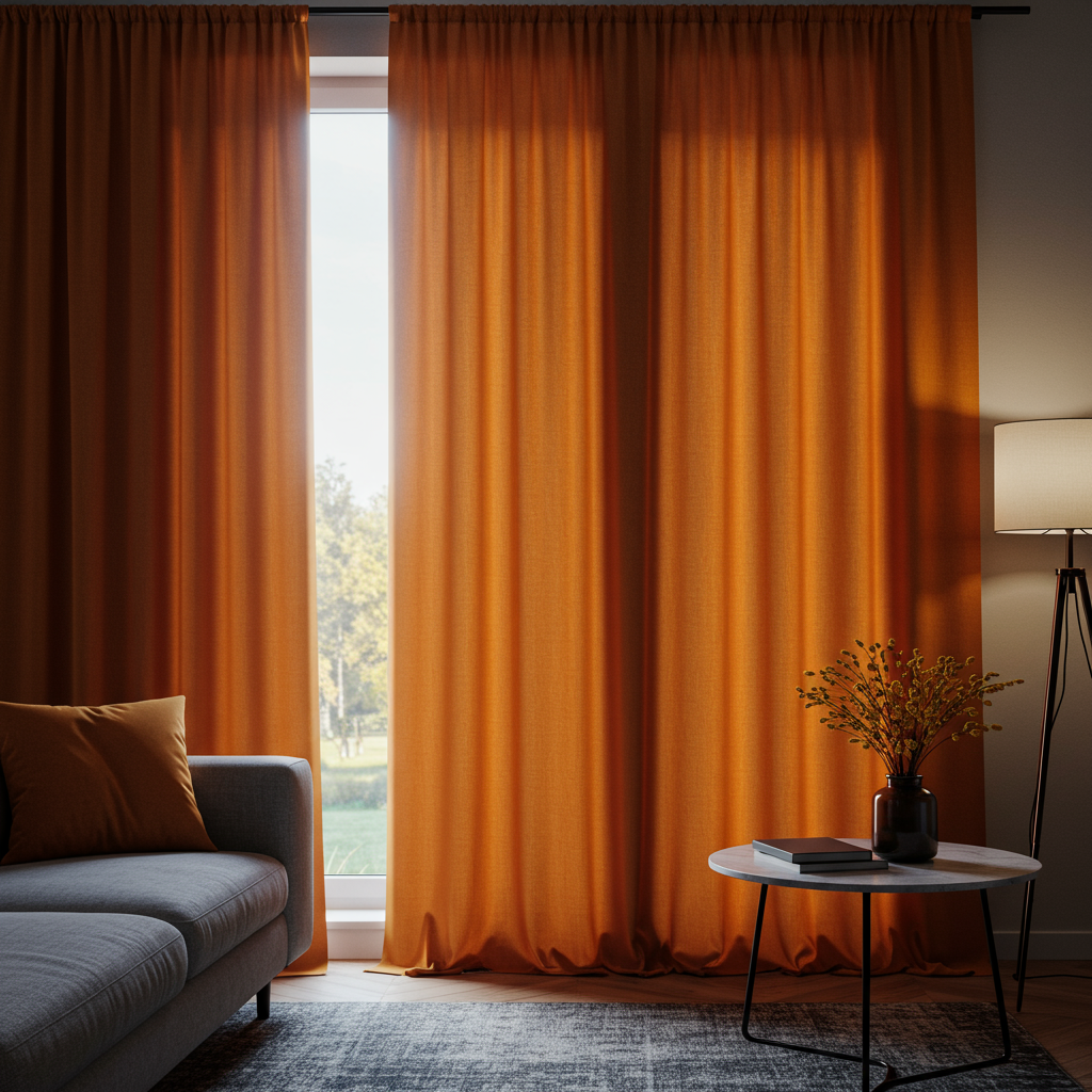 Modernes Wohnzimmer mit auffälligen orangenen Vorhängen – Stilvolle Fensterdekoration für ein warmes und gemütliches Ambiente.